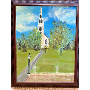 Vintage Framed Original Oil Painting Of New England Church Steeple Trees